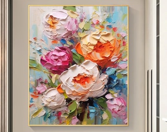 Großes Original Rosen Blumen Ölgemälde Auf Leinwand,Segeltuch Wand Kunst,Abstrakte Rosa Blumen Landschaftsmalerei,Benutzerdefinierte Malerei, Wohnzimmer Dekor