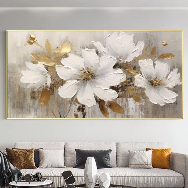 Grande peinture originale à l’huile de fleur d’or sur toile, art mural en toile, peinture florale blanche abstraite, peinture personnalisée, décor de salon moderne