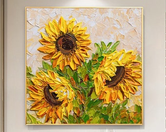 Dipinto a olio minimalista di girasole su tela, arte da parete di grandi dimensioni, arte murale floreale astratta originale pittura personalizzata arredamento giallo arredamento soggiorno