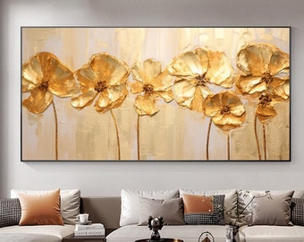 Original Gold Blumen Ölgemälde auf Leinwand, große Wandkunst, abstrakte minimalistische Blumen Wandkunst individuelle Malerei modernes Wohnzimmer Dekor