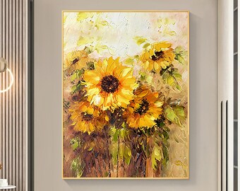 Abstrakte Sonnenblumen-Ölgemälde auf Leinwand, große Wandkunst, ursprüngliche minimalistische Blumenwand-Kunst-anfertigungs-gelbes Dekor-Wohnzimmerdekor