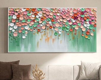 Original florales Ölgemälde auf Leinwand, großes abstraktes 3D-strukturiertes rosa Blumen-Grün-Wandbild, individuelle moderne Mode, Wohnzimmer-Wohndekoration