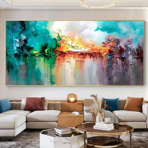 Abstract Colorful Lake Landscape Oil Painting on Canvas Large Original Modern Blue Textured Acrylic Painting Living Room Wall Art Home Decor