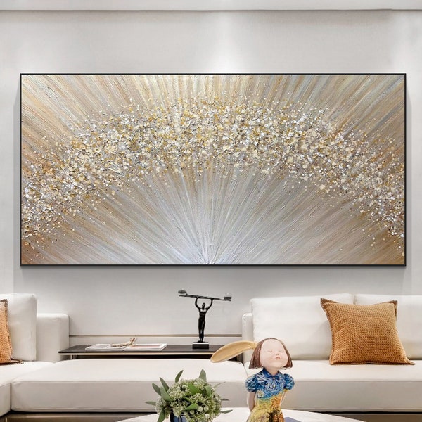 Large Abstract Gold Texture Oil Painting on Canvas, Original Minimalist Yellow Ripple Acrylic Painting, Modern Living Room Wall Art Decor