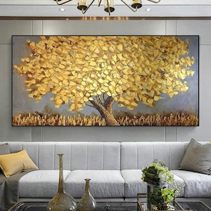 Large Golden Tree Landscape Oil Painting on Canvas Original Abstract Yellow Birch Gold Leaf Acrylic Painting Living Room Wall Art Home Decor