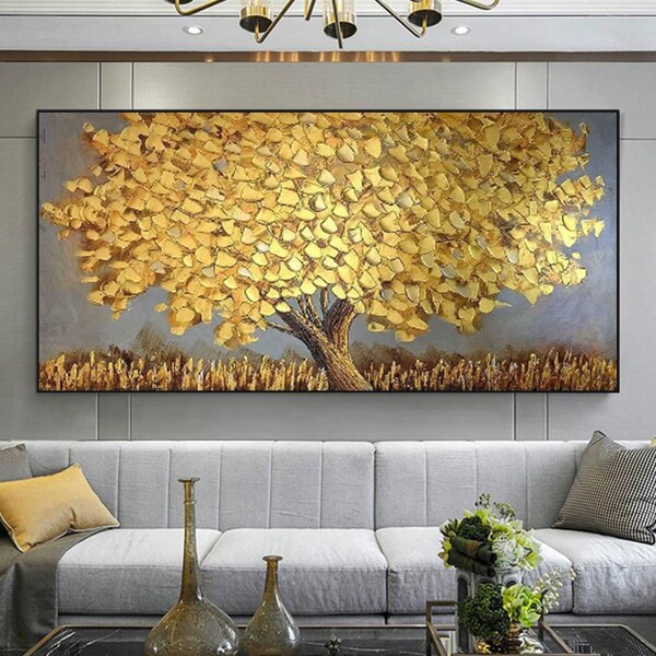 Large Golden Tree Landscape Oil Painting on Canvas Original Abstract Yellow Birch Gold Leaf Acrylic Painting Living Room Wall Art Home Decor