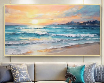 Pintura al óleo original del paisaje marino al atardecer sobre lienzo, arte de pared grande, pintura abstracta del paisaje de la playa del océano, decoración moderna personalizada de la sala de estar