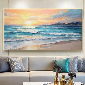 Original Sunset Seascape Oil Painting On Canvas, Large Wall Art, Abstract Ocean Beach Landscape Painting, Custom Modern Living Room Decor