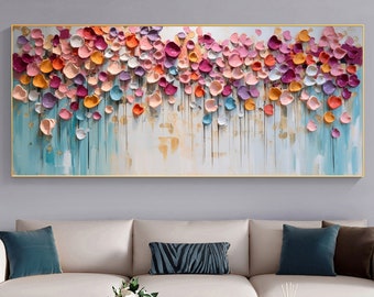 Original buntes florales Ölgemälde auf Leinwand, große Wandkunst, abstrakte 3D-Blumen-Wanddekoration, individuelles Gemälde, minimalistisches Wohnzimmerdekor