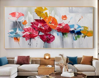 Fiore colorato fiore dipinto ad olio su tela, grande originale astratto rosso floreale dipinto di paesaggio boho soggiorno wall art home decor