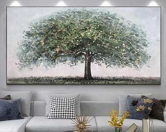 Grande albero astratto blu paesaggio dipinto ad olio su tela, originale fatto a mano paesaggio naturale pittura acrilica Boho Wall Art Living Room Decor