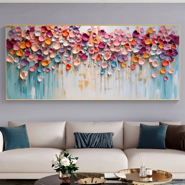 Original buntes florales Ölgemälde auf Leinwand, große Wandkunst, abstrakte 3D-Blumen-Wanddekoration, individuelles Gemälde, minimalistisches Wohnzimmerdekor