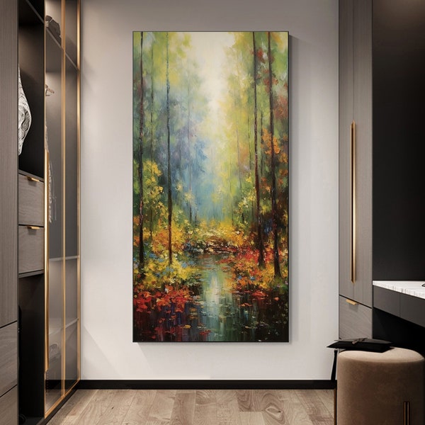 Pintura al óleo de paisaje de bosque abstracto sobre lienzo, arte de pared grande, pintura de árbol verde original, pintura personalizada, decoración de sala de estar moderna