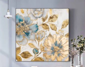 Abstract goudfolie bloemenolieverfschilderij op doek, originele grote getextureerde blauwe bloem witte muur kunst aangepaste moderne woonkamer Home decor
