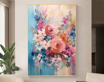 Abstrakte rosa Blumen-Ölgemälde auf Leinwand, großes Wand-Kunst-ursprünglich strukturiertes Blumenkunst-kundenspezifische Malerei minimalistisches Wohnzimmer-Dekor