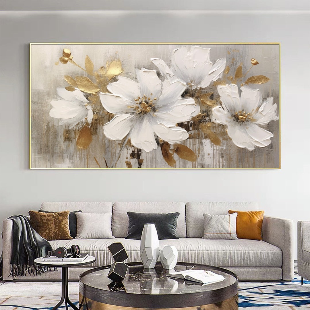 Large Original Gold Flower Oil Painting on Canvas, Canvas Wall Art ...
