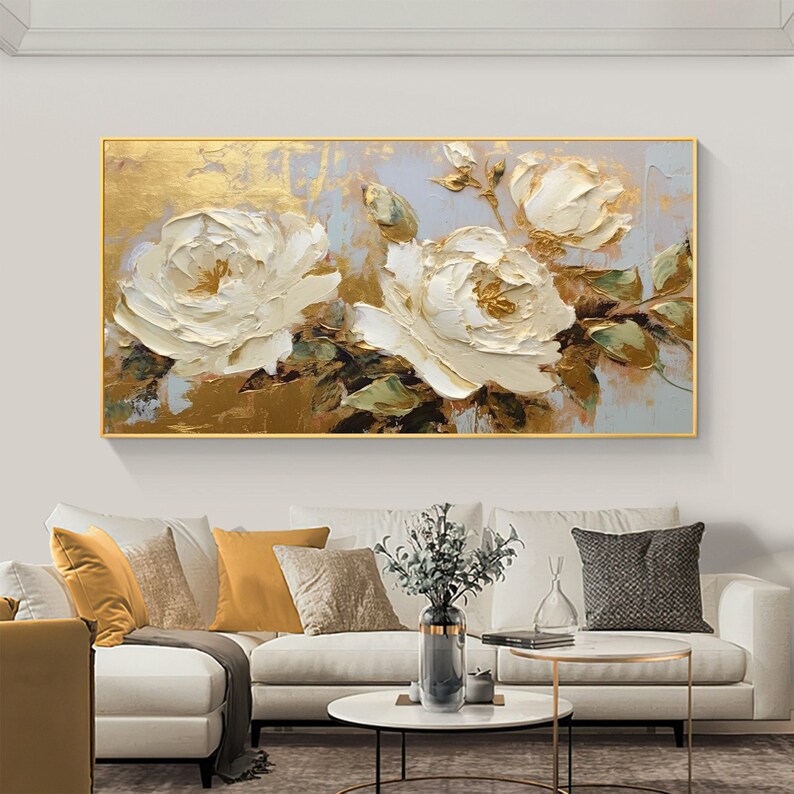 Large Original Flower Oil Painting on Canvas Gold Wall Decor Etsy