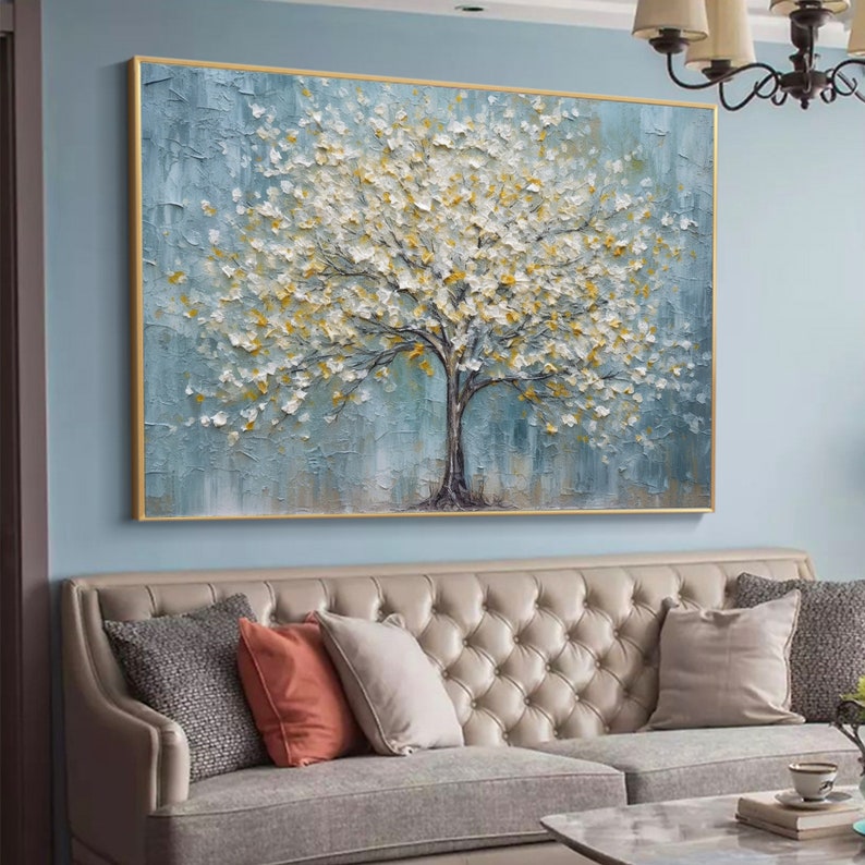 Abstract Tree of Life Oil Painting On Canvas, Extra Large Wall Art, Original Golden Leaf Painting, Custom Painting, Living Room Wall Decor