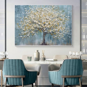 Abstract Tree of Life Oil Painting On Canvas, Extra Large Wall Art, Original Golden Leaf Painting, Custom Painting, Living Room Wall Decor