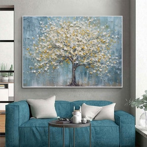 Abstract Tree of Life Oil Painting On Canvas, Extra Large Wall Art, Original Golden Leaf Painting, Custom Painting, Living Room Wall Decor