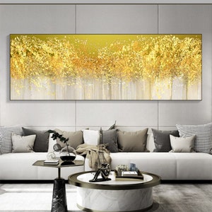 Abstract Gold Leaf Tree Painting on Canvas, Large Original Nature Forest Landscape Acrylic Painting Minimalist Wall Art Living Room Decor