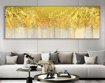 Abstraktes Gold Blatt Baum Gemälde auf Leinwand, große Original Natur Wald Landschaft Acrylbild Minimalist Wand Kunst Wohnzimmer Dekor