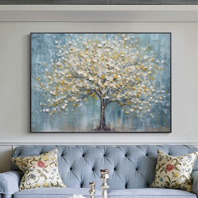 Abstract Tree of Life Oil Painting On Canvas, Extra Large Wall Art, Original Golden Leaf Painting, Custom Painting, Living Room Wall Decor