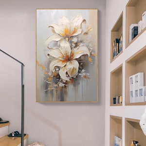 Original Flower Oil Painting on Canvas, Large Wall Art, Abstract White
