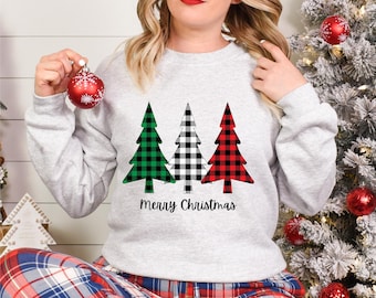 Karierte Bäume Frohe Weihnachten Sweatshirt | Urlaub Rundhalsausschnitt | Festlicher Winter Pullover