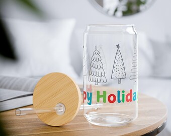 Frohe Feiertage Sipper Glas | Weihnachtsgeschenke | Wiederverwendbare Glastasse | Weihnachtsbaum Geschenk
