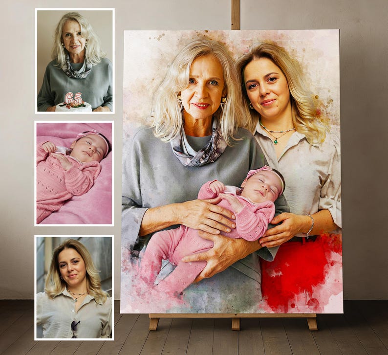 May include: A watercolor-style portrait on canvas featuring an older woman, a younger woman, and a baby in a pink outfit. The artwork combines three separate reference photos into one composition, displaying soft brushstrokes and blended colors.