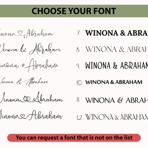 May include: A font selection chart titled CHOOSE YOUR FONT featuring twelve numbered options displaying the names Winona & Abraham in various black typefaces, including script and serif styles, with a red button stating You can request a font that is not on the list.