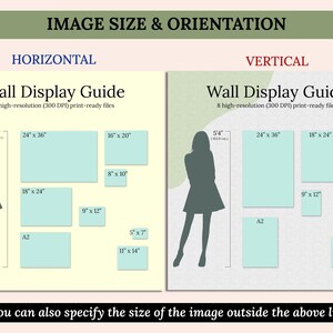 May include: A wall display guide infographic showing horizontal and vertical orientation options with eight high-resolution 300 DPI print-ready files. It includes silhouettes of a person at 5'4" and various frame sizes like 24"x36", 16"x20", 18"x24", 9"x12", 8"x10", 5"x7", 11"x14", and A2.