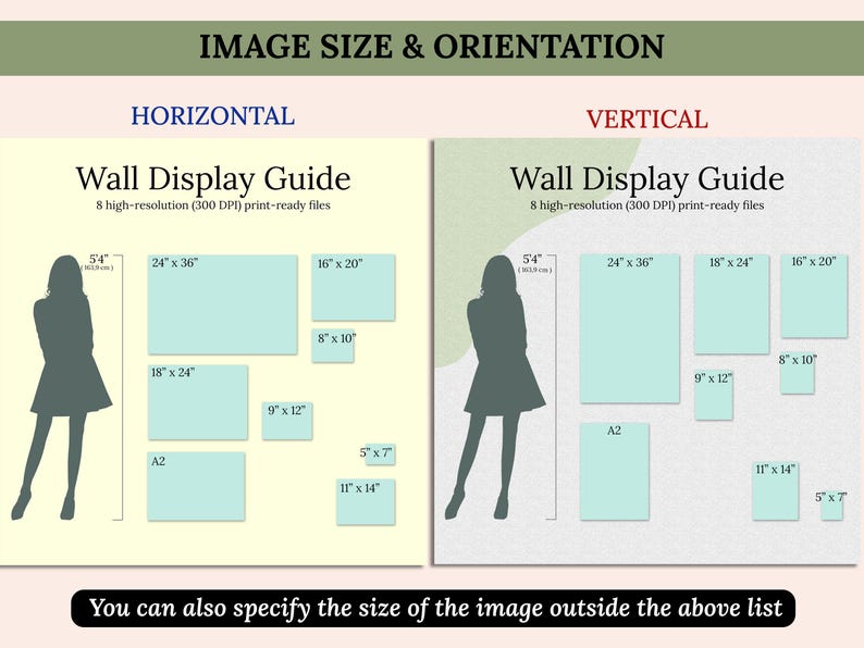May include: A wall display guide infographic showing horizontal and vertical orientation options with eight high-resolution 300 DPI print-ready files. It includes silhouettes of a person at 5'4" and various frame sizes like 24"x36", 16"x20", 18"x24", 9"x12", 8"x10", 5"x7", 11"x14", and A2.