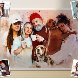 May include: A framed watercolor-style portrait featuring a group of four people and two dogs. The composition includes a young woman in a white cap, an older woman in overalls, an older man with a red beanie, and a young woman holding a brown dog.