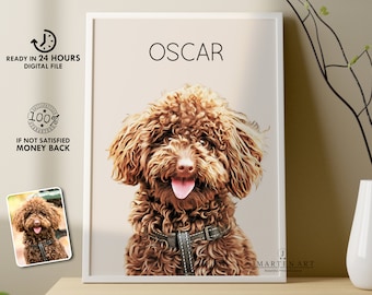 May include: A digital painting of a brown poodle dog with the name "OSCAR" written above it. The dog is smiling with its tongue sticking out. The background is a light beige color.