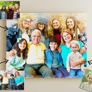May include: A large rectangular canvas print featuring a digital watercolor-style composite portrait of a multi-generational family. The artwork combines several individual photographs into one cohesive group scene with soft, blended edges.