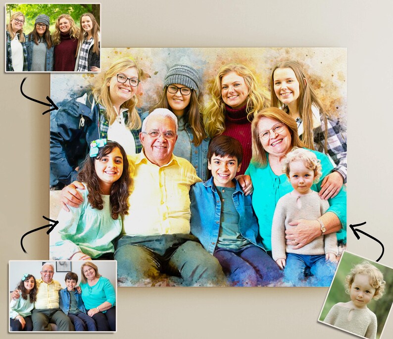 May include: A large rectangular canvas print featuring a digital watercolor-style composite portrait of a multi-generational family. The artwork combines several individual photographs into one cohesive group scene with soft, blended edges.