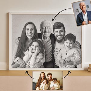 Puede incluir: Un retrato enmarcado en blanco y negro que muestra a un grupo familiar de cinco personas, incluyendo un hombre mayor, un hombre joven, una mujer y dos niños. El retrato se crea combinando una foto separada de un hombre mayor con una foto familiar.