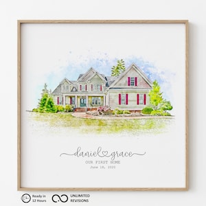 May include: A watercolor illustration of a two-story house with light siding and red shutters, surrounded by green trees and shrubs. Below the house, the text reads: daniel & grace, OUR FIRST HOME, June 18, 2020. The artwork is in a wooden frame.