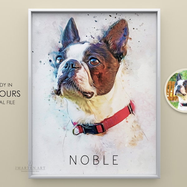 Custom Pet Portrait: Watercolor Painting of Boston Terrier and German Shepherd for Valentine's Gifts