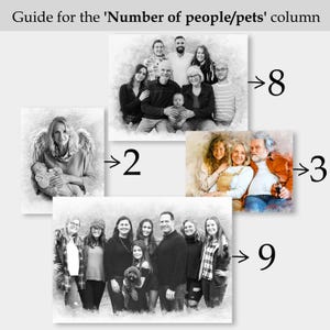 May include: A visual guide titled Guide for the Number of people/pets column featuring four distinct portrait examples. Each example shows a group of people or pets with an arrow pointing to a number, specifically 2, 3, 8, and 9, indicating the count.