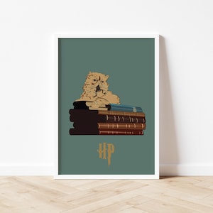 May include: A green background with a cartoon cat sitting on a stack of books. The cat is looking to the left and has a grumpy expression. The books are brown and have gold lettering. The text "HP" is below the books in gold lettering.