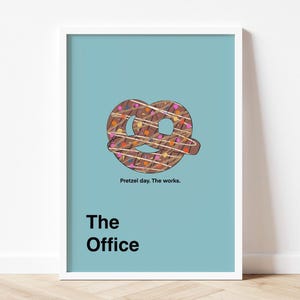 Arte del programa de televisión The Office: Póster de descarga digital del Día del Pretzel - Regalos de Michael Scott, Jim Halpert, Stanley, Dwight Schrute y Dunder Mifflin