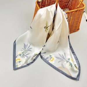 53cm 100% Mulberry Silk Square Scarf, Women's Scarf, Fashion Scarf, Bandana, Headband, Bag Accessory, Gift Idea POPPY FLOWER MUSTARD