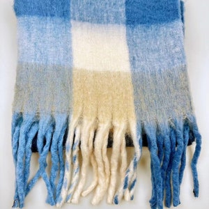 Mohair reversible scarf, fluffy blend winter scarf, rainbow plaid scarf, fringe plaid scarf, cozy scarf, shawl, Christmas gift Blue