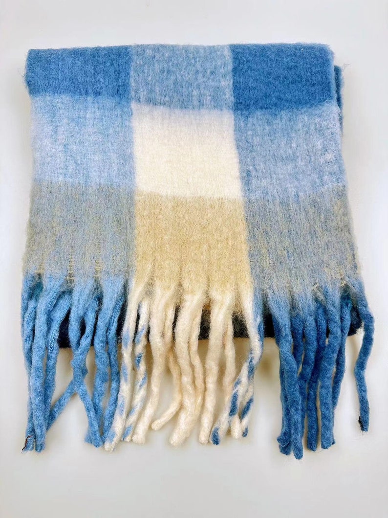 Mohair reversible scarf, fluffy blend winter scarf, rainbow plaid scarf, fringe plaid scarf, cozy scarf, shawl, Christmas gift Blue