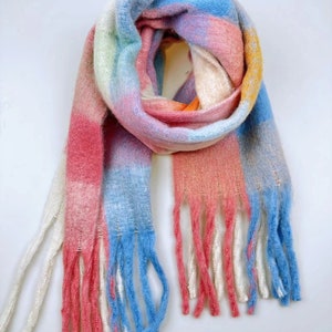 Mohair reversible scarf, fluffy blend winter scarf, rainbow plaid scarf, fringe plaid scarf, cozy scarf, shawl, Christmas gift image 5