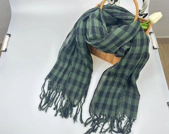 Linnen groene rastersjaal, linnen cadeau voor haar, Katoenen rastersjaal, Unisex sjaal, sjaal, cadeau-idee, accessoires, linnen wrap