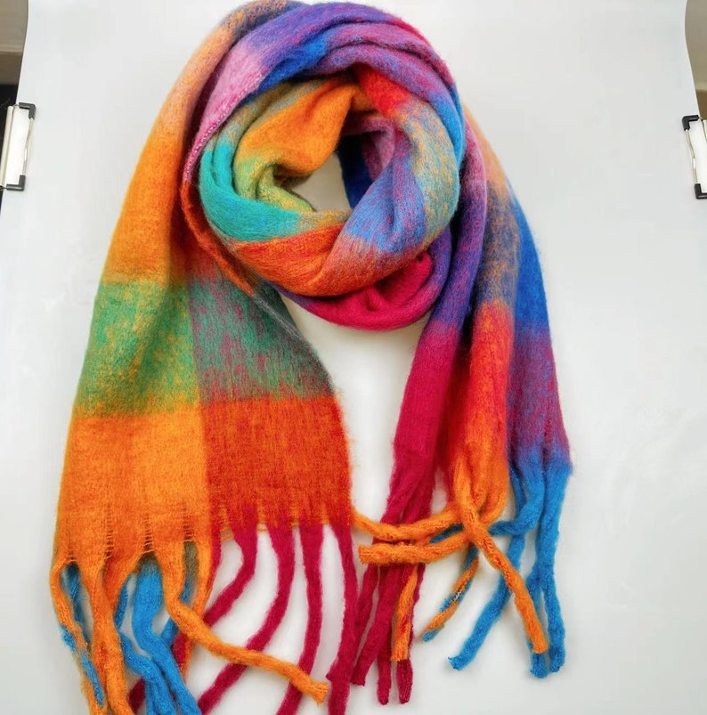 Mohair reversible scarf, fluffy blend winter scarf, rainbow plaid scarf, fringe plaid scarf, cozy scarf, shawl, Christmas gift image 2